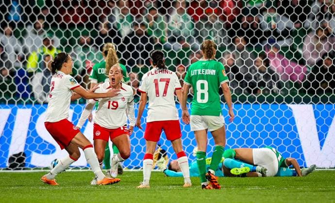 2023 FIFA Women s World Cup Group B, Perth Rectangular Stadium, Perth, Australia 26 7 2023 Canada vs Republic of Ireland WNT Canada™s Adriana Leon celebrates scoring their second goal with teammates Adriana Leon celebrates scoring their second goal with teammates 26 7 2023  Copyright: x INPHO RyanxByrnex RB1_8079