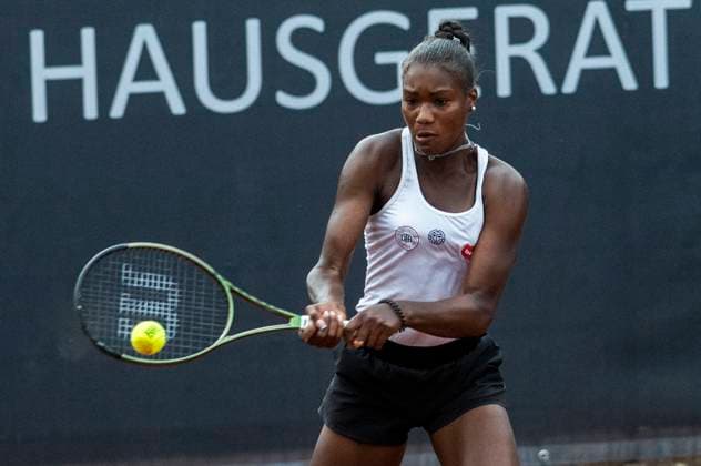 26 7 2023, GER, tennis, women, Hamburg European Open 2023, WTA, doubles, 2 round, Noma Noha Akugue Ella Seidel Germany Angelica Moratelli Camilia Rosatello Italy Noma Noha Akugue Germany hits the ball Hamburg Rothenbaum Stadium Hamburg Germany