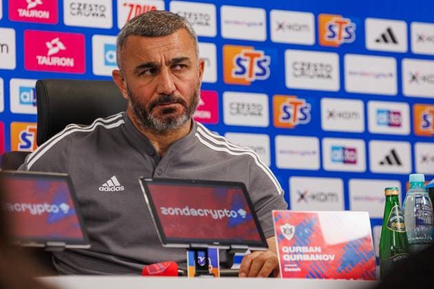 Gurban Gurbanov on a press conference, PK, Pressekonferenz after UEFA Champions League 2023 24 2nd qualification roundgame between Rakow Czestochowa and Qarabag FK at Miejski Stadion Pilkarski RKS Rakow Czestochowa, Czestochowa, Poland. (Maciej Rogowski) Czestochowa Miejski Stadion Pilkarski RKS Rakow Czestochowa Poland Copyright: xMaciejxRogowskix rakow-qarabag-2023-08-2