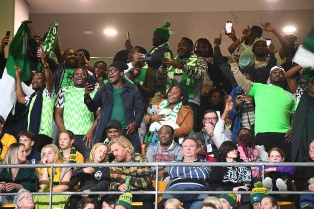 WWC23 AUSTRALIA NIGERIA, Nigerian supporters celebrate during the FIFA Women s World Cup 2023 soccer match between Australia and Nigeria at Brisbane Stadium in Brisbane, Thursday, July 27, 2023. ( NO ARCHIVING, EDITORIAL USE ONLY, NO USE IN BOOKS WITHOUT CONSENT BRISBANE QUEENSLAND AUSTRALIA  Copyright: xJONOxSEARLEx 20230727001824756767