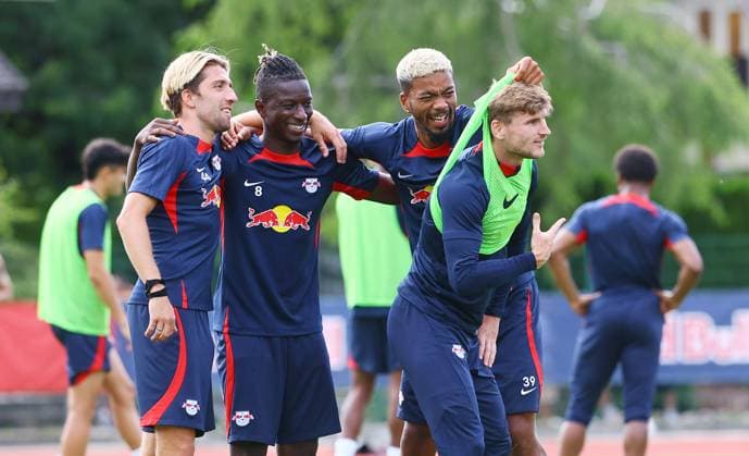 RB Leipzig Italy training camp Bruneck, 27 07 2023, Sportpark Reiperting Reischach, Football, RB Leipzig GER Bundesliga training camp in South Tyrol Italy , In picture f l Kevin Kampl, Amadou Haidara, Benjamin Henrichs and Timo Werner , Picture Point