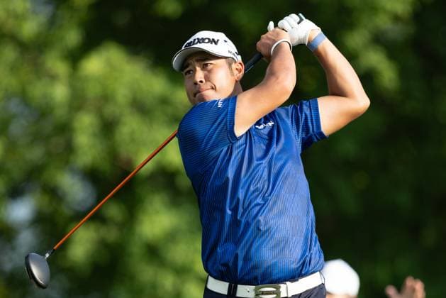 BLAINE, MN - JULY 27: Hideki Matsuyama hits a tee shot on the eleventh hole during the first round of the 3M Open at TPC Twin Cities on July 27, 2023 in Blaine, Minnesota. (Photo by Bailey Hillesheim Icon Sportswire) GOLF: JUL 27 PGA, Golf Herren - 3M Open Round 1 EDITORIAL USE ONLY Icon2307270023