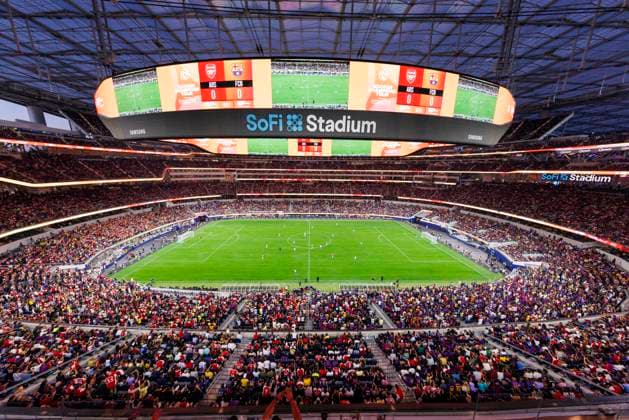 INGLEWOOD, CA - JULY 26: General view of SoFi Stadium from an elevated level during the Soccer Champions Tour, Arsenal vs Barcelona on July 26, 2023 at SoFi Stadium in Inglewood, CA. (Photo by Ric Tapia Icon Sportswire) SOCCER: JUL 26 Soccer Champions Tour - Arsenal vs Barcelona EDITORIAL USE ONLY Icon269230726001