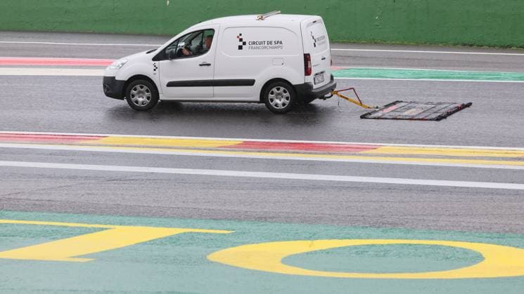 Illustration picture shows a car cleaning the track during preparations ahead of the Grand Prix F1 of Belgium race, in Spa-Francorchamps, . The Spa-Francorchamps Formula One Grand Prix takes place this weekend, from July 28th to July 30th. BENOITxDOPPAGNE  x71216976x