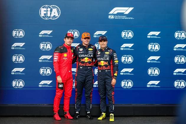 LECLERC Charles (mco), Scuderia Ferrari SF-23, VERSTAPPEN Max (ned), Red Bull Racing RB19, PEREZ Sergio (mex), Red Bull Racing RB19, portrait during the 2023 Formula 1 MSC Cruises Belgian Grand Prix, 12th round of the 2023 Formula One World Championship, WM, Weltmeisterschaft from July 28 to 30, 2023 on the Circuit de Spa-Francorchamps, in Stavelot, Belgium - F1 - BELGIAN GRAND PRIX 2023 DPPI Panoramic 00123029_GOOD6425