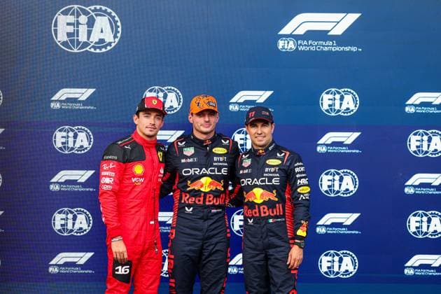 LECLERC Charles (mco), Scuderia Ferrari SF-23, VERSTAPPEN Max (ned), Red Bull Racing RB19, PEREZ Sergio (mex), Red Bull Racing RB19, portrait during the 2023 Formula 1 MSC Cruises Belgian Grand Prix, 12th round of the 2023 Formula One World Championship, WM, Weltmeisterschaft from July 28 to 30, 2023 on the Circuit de Spa-Francorchamps, in Stavelot, Belgium - F1 - BELGIAN GRAND PRIX 2023 DPPI Panoramic 00123029_GOOD6434