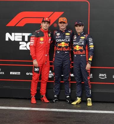 FORMULA 1 MSC CRUISES BELGIAN GRAND PRIX 2023 28 07 2023, Circuit de Spa Francorchamps, Spa Franchorchamps, FORMULA 1 MSC CRUISES BELGIAN GRAND PRIX 2023 , in the picture pole position for Max Verstappen NLD , Oracle Red Bull Racing, 2 starting position for Charles Leclerc MCO , Scuderia Ferrari, 3 starting position for Sergio Perez MEX , Oracle Red Bull Racing nordphotoxGmbHx xBratic nph00250