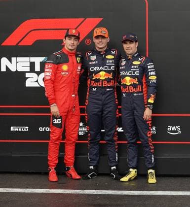 FORMULA 1 MSC CRUISES BELGIAN GRAND PRIX 2023 28 07 2023, Circuit de Spa Francorchamps, Spa Franchorchamps, FORMULA 1 MSC CRUISES BELGIAN GRAND PRIX 2023 , in the picture pole position for Max Verstappen NLD , Oracle Red Bull Racing, 2 starting position for Charles Leclerc MCO , Scuderia Ferrari, 3 starting position for Sergio Perez MEX , Oracle Red Bull Racing nordphotoxGmbHx xBratic nph00250