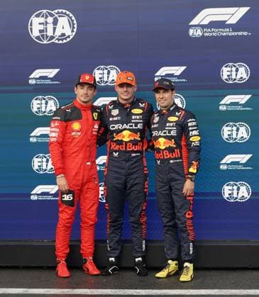 FORMULA 1 MSC CRUISES BELGIAN GRAND PRIX 2023 28 07 2023, Circuit de Spa Francorchamps, Spa Franchorchamps, FORMULA 1 MSC CRUISES BELGIAN GRAND PRIX 2023 , in the picture pole position for Max Verstappen NLD , Oracle Red Bull Racing, 2 starting position for Charles Leclerc MCO , Scuderia Ferrari, 3 starting position for Sergio Perez MEX , Oracle Red Bull Racing nordphotoxGmbHx xBratic nph00250