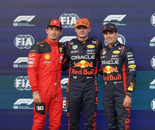 FORMULA 1 MSC CRUISES BELGIAN GRAND PRIX 2023 28 07 2023, Circuit de Spa Francorchamps, Spa Franchorchamps, FORMULA 1 MSC CRUISES BELGIAN GRAND PRIX 2023 , in the picture pole position for Max Verstappen NLD , Oracle Red Bull Racing, 2 starting position for Charles Leclerc MCO , Scuderia Ferrari, 3 starting position for Sergio Perez MEX , Oracle Red Bull Racing nordphotoxGmbHx xBratic nph00250