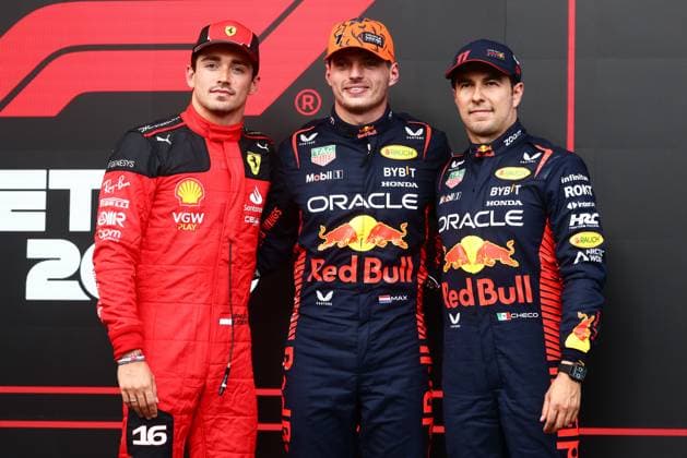 Sport Bilder des Tages July 28, 2023, Spa, Belgium: Charles Leclerc of Ferrari, Max Verstappen of Red Bull Racing and Sergio Perez of Red Bull Racing after qualifying session ahead of the F1 Grand Prix of Belgium at Circuit de Spa-Francorchamps on July 28, 2023 in Spa, Belgium. Spa Belgium - ZUMAz156 20230728_zip_z156_023 Copyright: xBeataxZawrzelx