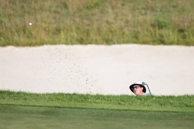 BLAINE, MN - JULY 28: Joel Dahmen hits bunker shot on the thirteenth hole during the second round of the 3M Open at TPC Twin Cities on July 28, 2023 in Blaine, Minnesota. (Photo by Bailey Hillesheim Icon Sportswire) GOLF: JUL 28 PGA, Golf Herren - 3M Open Round 2 EDITORIAL USE ONLY Icon2307280043
