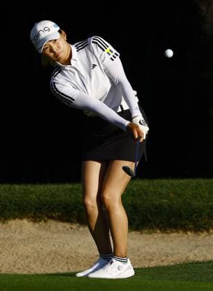 Golf: Evian Championship Hinako Shibuno of Japan plays a shot on the 12th hole during the third round of the Evian Championship golf tournament at Evian Resort Golf Club in Evian-les-Bains, France, on July 29, 2023.  A14AA0001723084P  