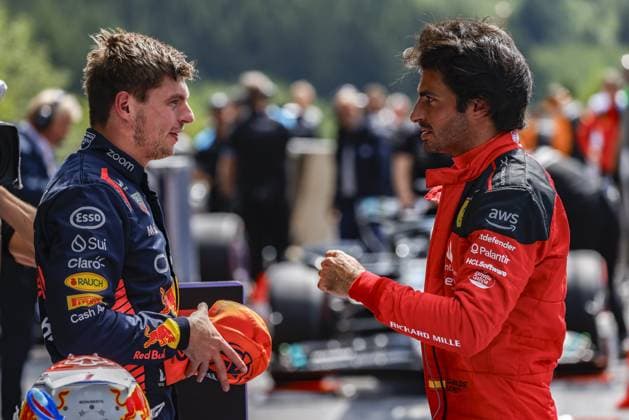 VERSTAPPEN Max (ned), Red Bull Racing RB19, SAINZ Carlos (spa), Scuderia Ferrari SF-23, portrait during the 2023 Formula 1 MSC Cruises Belgian Grand Prix, 12th round of the 2023 Formula One World Championship, WM, Weltmeisterschaft from July 28 to 30, 2023 on the Circuit de Spa-Francorchamps, in Stavelot, Belgium - F1 - BELGIAN GRAND PRIX 2023 DPPI Panoramic _PV_0210