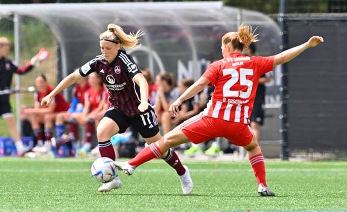29 07 2023 football women womens football season 2023 2024 test match friendly match preparation match 1 FC Nürnberg FCN club women club FCUnion Berlin xwoxzix Livia Brunmair 17, 1 FC Nürnberg FCN Dina Sophia Orschmann 25, 1 FC Union Berlin , right
