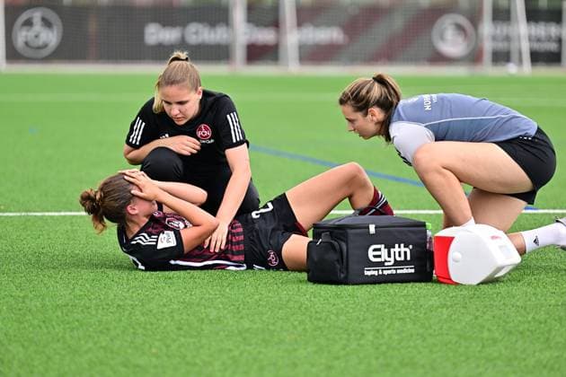 29 07 2023 football women womens football season 2023 2024 test match friendly match preparation match 1 FC Nürnberg FCN club women club FCUnion Berlin xwoxzix Nele Bauereisen 23, 1 FC Nürnberg FCN battered on the ground injured injury