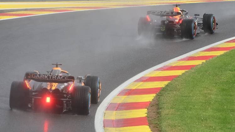 Red Bull Racing Dutch rider Max Verstappen (top) pictured in action during the sprint race of the F1 Grand Prix of Belgium auto race, in Spa-Francorchamps, Saturday 29 July 2023. The Spa-Francorchamps Formula One Grand Prix takes place this weekend, from July 28th to July 30th. BENOITxDOPPAGNE  x71272230x