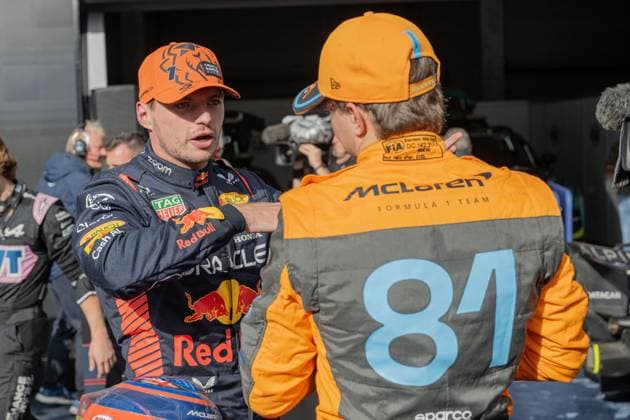 Red Bull Racing Dutch rider Max Verstappen and McLaren Australian rider Oscar Piastri are seen after the sprint race of the F1 Grand Prix of Belgium auto race, in Spa-Francorchamps, Saturday 29 July 2023. The Spa-Francorchamps Formula One Grand Prix takes place this weekend, from July 28th to July 30th. JONASxROOSENS  x71274289x