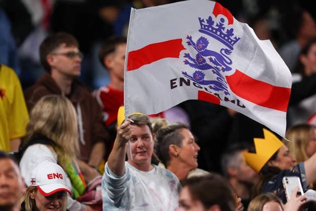 28th July 2023; Sydney Football Stadium, Sydney, NSW, Australia: FIFA Womens World Cup Group D Football, England versus Denmark; England fan celebrates the 1-0 win against Denmark with an English flag  ActionPlus12536292 KevinxManning