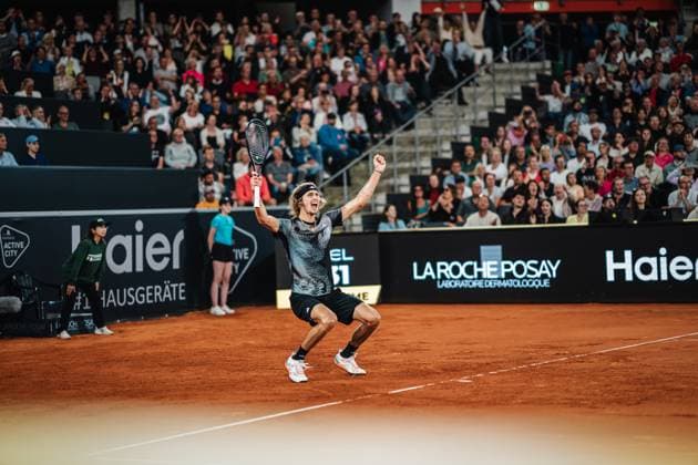 Tennis Men ATP Tour 500 European Open Hamburg Arthur Fils FRA vs Alexander Zverev GER 29 07 2023 Alexander Zverev GER cheers because he won the semifinals Hamburg Tennis am Rothenbaum Hamburg Germany