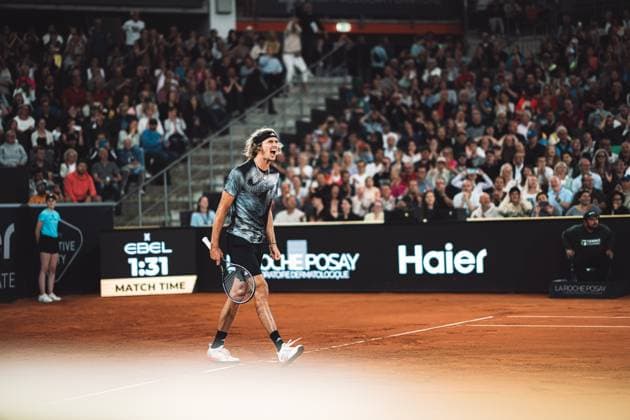 Tennis Men ATP Tour 500 European Open Hamburg Arthur Fils FRA vs Alexander Zverev GER 29 07 2023 Alexander Zverev GER cheers because he won the semifinals Hamburg Tennis am Rothenbaum Hamburg Germany