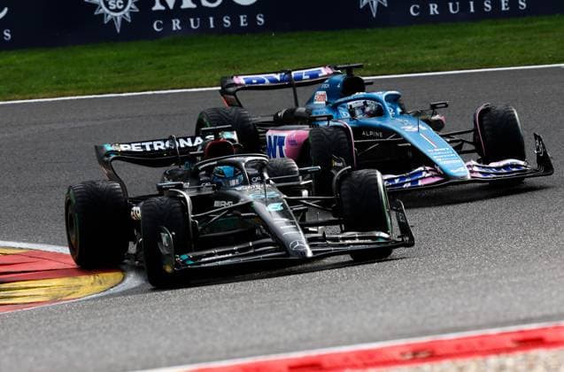 63 George Russell GBR, Mercedes AMG Petronas F1 Team , 31 Esteban Ocon FRA, BWT Alpine F1 Team , F1 Grand Prix of Belgium at Circuit de Spa Francorchamps on July 29, 2023 in Spa Francorchamps, Belgium Photo by HOCH ZWEI Spa Francorchamps Belgium