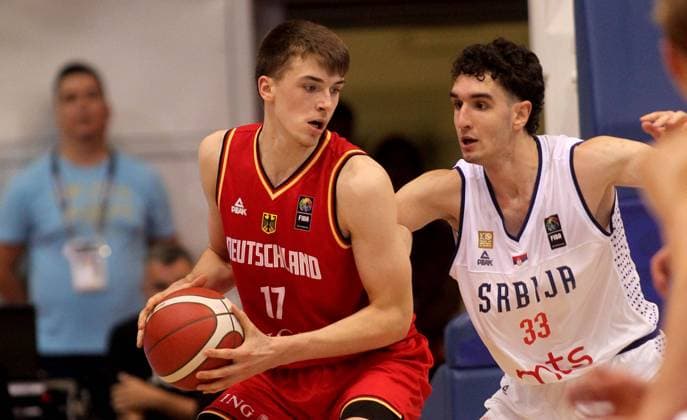 29.07.2023 Nis Nisch Serbia-Germany European U18 Juniors Championship men s basketball semi-final Johann Grünloh(L) Germany ,Pavle Misic(R) Serbia :