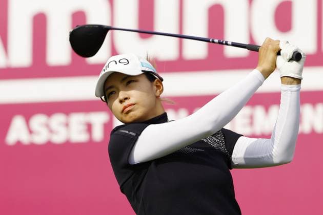 Golf: Evian Championship Hinako Shibuno of Japan hits off the first tee during the final round of the Evian Championship golf tournament at Evian Resort Golf Club in Evian-les-Bains, France, on July 30, 2023.  A14AA0001726163P  