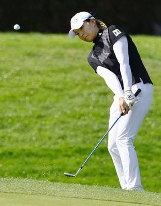 Golf: Evian Championship Hinako Shibuno of Japan plays a shot on the first hole during the final round of the Evian Championship golf tournament at Evian Resort Golf Club in Evian-les-Bains, France, on July 30, 2023.  A14AA0001726178P  