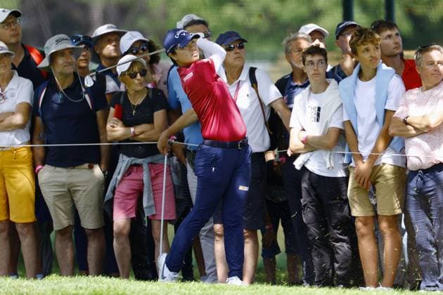 Golf: Evian Championship Yuka Saso of Japan plays a shot on the first hole during the final round of the Evian Championship golf tournament at Evian Resort Golf Club in Evian-les-Bains, France, on July 30, 2023.  A14AA0001726371P  