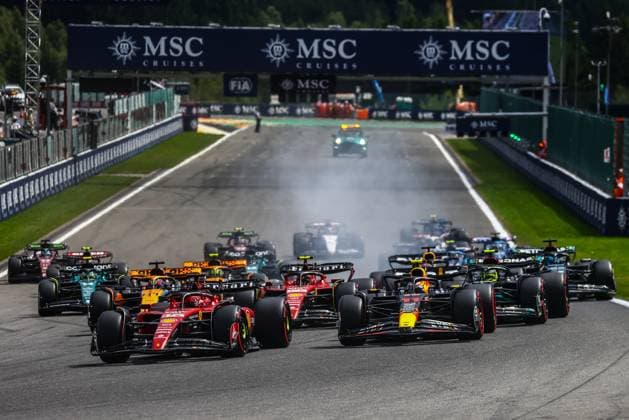 July 30, 2023, Spa, Belgium: Charles Leclerc of Ferrari and Sergio Perez of Red Bull Racing and other drivers during the start of g the F1 Grand Prix of Belgium at Circuit de Spa-Francorchamps on July 30, 2023 in Spa, Belgium. Spa Belgium - ZUMAz156 0300579846st Copyright: xBeataxZawrzelx