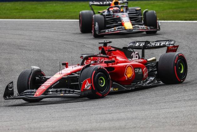 July 30, 2023, Spa, Belgium: Charles Leclerc of Ferrari and Max Verstappen of Red Bull Racing are racing during the F1 Grand Prix of Belgium at Circuit de Spa-Francorchamps on July 30, 2023 in Spa, Belgium. Spa Belgium - ZUMAz156 0300580041st Copyright: xBeataxZawrzelx