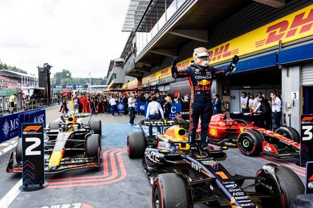 SPA - Max Verstappen celebrates his victory during the Grand Prix of Belgium at the Circuit de Spa-Francorchamps. ANP SEM VAN DER WAL F1 Grand Prix of Belgium 2023 xVIxANPxSportx xxANPxIVx 474536823 originalFilename: 474536823.jpg