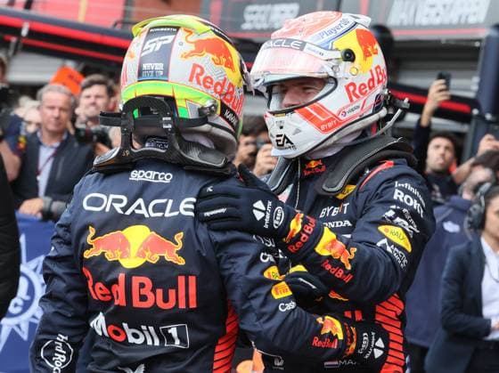 Winner Red Bull Racing Dutch rider Max Verstappen (R) celebrates with second placed, his team-mates Red Bull Racing Mexican rider Sergio Perez at the F1 Grand Prix of Belgium auto race, in Spa-Francorchamps, Sunday 30 July 2023. The Spa-Francorchamps Formula One Grand Prix takes place this weekend, from July 28th to July 30th. BENOITxDOPPAGNE  x71311977x