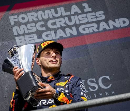 SPA - Max Verstappen (Red Bull Racing) on the podium after winning the Grand Prix of Belgium at the Circuit de Spa-Francorchamps. ANP SEM VAN DER WAL F1 Grand Prix of Belgium 2023 xVIxANPxSportx xxANPxIVx 474538968 originalFilename: 474538968.jpg