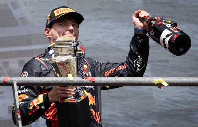 Winner Red Bull Racing Dutch rider Max Verstappen celebrates on the podium after winning the F1 Grand Prix of Belgium auto race, in Spa-Francorchamps, Sunday 30 July 2023. The Spa-Francorchamps Formula One Grand Prix takes place this weekend, from July 28th to July 30th. BENOITxDOPPAGNE  x71313518x