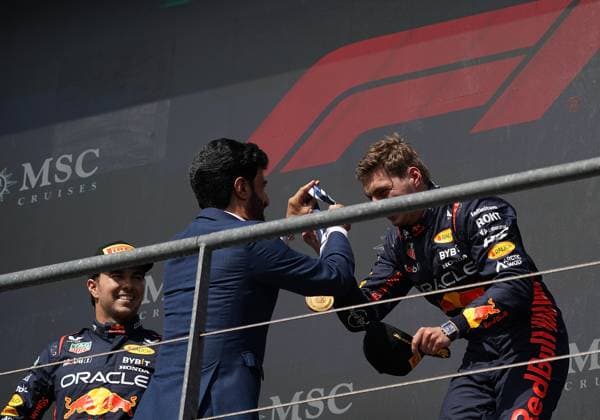 FORMULA 1 MSC CRUISES BELGIAN GRAND PRIX 2023 30 07 2023, Circuit de Spa Francorchamps, Spa Franchorchamps, FORMULA 1 MSC CRUISES BELGIAN GRAND PRIX 2023 , in the picture winner Max Verstappen NLD , Oracle Red Bull Racing gets the medal from FIA President Mohammed bin Sulayem nordphotoxGmbHx xBratic nph00250