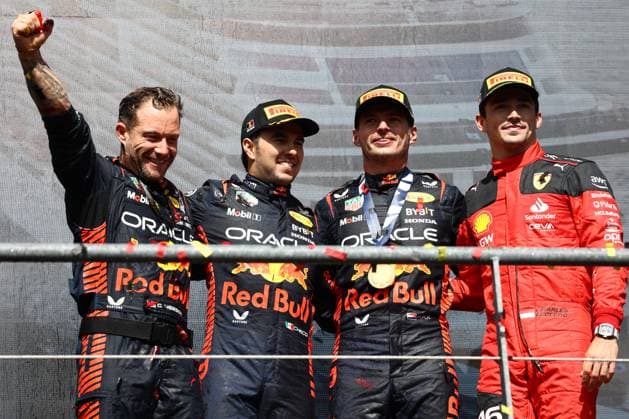 F1 Belgian Grand Prix 2023 Sergio Perez, Max Verstappen of Red Bull Racing and Charles Leclerc of Ferrari on the podium after the Formula 1 Belgian Grand Prix at Spa-Francorchamps in Spa, Belgium on July 30, 2023. Spa Belgium  Copyright: xJakubxPorzyckix originalFilename:porzycki-f1belgia230730_npH2S.jpg