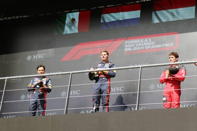Formula 1 Belgian Grand Prix 2023 podium podium ceremony Verstappen first Perez second Leclerc third Belgian Grand Prix FIA Formula 1 World Championship 2023 Formula1 2023 Spa Francorchamps Copyright: xBEAUTIFULxSPORTS Bernhardtx