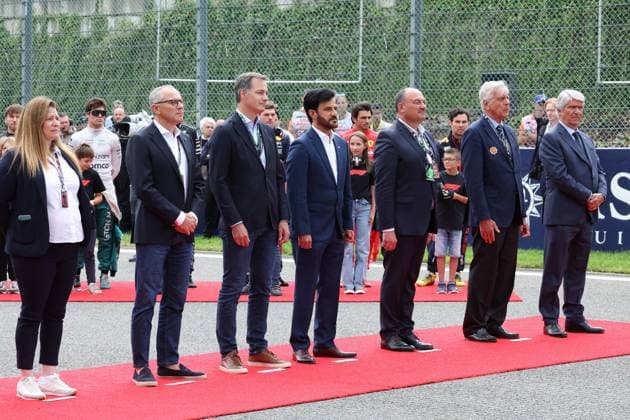 National Anthem: DOMENICALI Stefano (ita), Chairman and CEO Formula One Group FOG, Alexander De Croo, Prime Minister of Belgium, VIEGAS Jorge, President of the FIM, portrait, during the 2023 Formula 1 MSC Cruises Belgian Grand Prix, 12th round of the 2023 Formula One World Championship, WM, Weltmeisterschaft from July 28 to 30, 2023 on the Circuit de Spa-Francorchamps, in Stavelot, Belgium - F1 - BELGIAN GRAND PRIX 2023 - RACE DPPI Panoramic GOOD7514