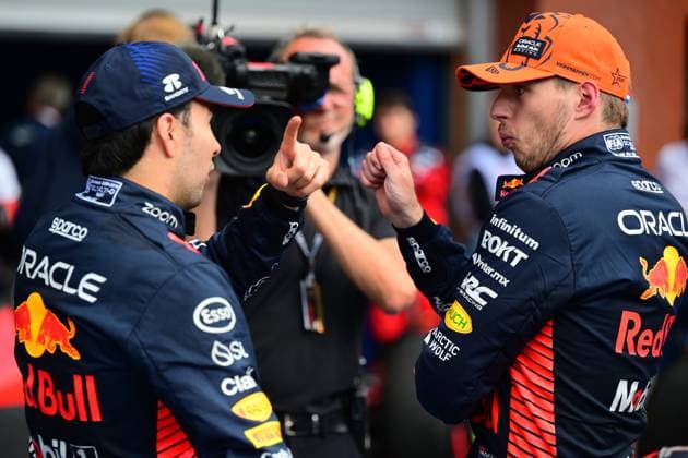 Sport Bilder des Tages F1 Grand Prix of Belgium Sergio Perez of Red Bull Racing Honda andMax Verstappen of Red Bull Racing Honda celebrate podium during race of Belgian GP, 13th round of FIA Formula 1 World Championship, WM, Weltmeisterschaft in Spa-Francorchamps Circuit, Stavelot, Vallonia, Belgium, 30 07 23 Stavelot Vallonia Belgium  Copyright: xAndreaxDiodatox originalFilename:diodato-notitle230730_np2Va.jpg