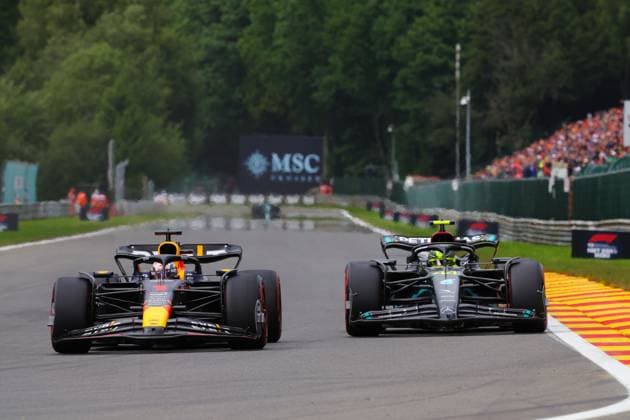 1 Max Verstappen NLD, Oracle Red Bull Racing , 44 Lewis Hamilton GBR, Mercedes AMG Petronas F1 Team , F1 Grand Prix of Belgium at Circuit de Spa Francorchamps on July 30, 2023 in Spa Francorchamps, Belgium Photo by HOCH ZWEI Spa Francorchamps Belgium