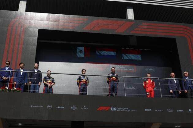 BEN SULAYEM Mohammed (uae), President of the FIA, Alexander De Croo, prime minister of Belgium, PEREZ Sergio (mex), Red Bull Racing RB19, VERSTAPPEN Max (ned), Red Bull Racing RB19, LECLERC Charles (mco), Scuderia Ferrari SF-23, portrait, podium during the 2023 Formula 1 MSC Cruises Belgian Grand Prix, 12th round of the 2023 Formula One World Championship, WM, Weltmeisterschaft from July 28 to 30, 2023 on the Circuit de Spa-Francorchamps, in Stavelot, Belgium - F1 - BELGIAN GRAND PRIX 2023 - RACE DPPI Panoramic _PVA5197