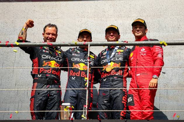 11 Sergio Perez MEX, Oracle Red Bull Racing , 1 Max Verstappen NLD, Oracle Red Bull Racing , 16 Charles Leclerc MCO, Scuderia Ferrari , F1 Grand Prix of Belgium at Circuit de Spa Francorchamps on July 30, 2023 in Spa Francorchamps, Belgium Photo by HOCH ZWEI Spa Francorchamps Belgium