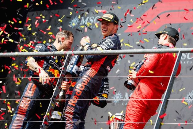 Max Verstappen Red Bull Racing Sergio Perez Red Bull Racing and Charles Leclerc Scuderia Ferrari at the champagne shower, Belgian Grand Prix, motorsport, Formula 1, 2023 season, 30 07 2023 Belgian Grand Prix, motorsport, Formula 1, 2023 season, 30 07 2023 Spa Franchorchamps Copyright: xEibner-Pressefoto AlexanderxNeisx EP_ANS