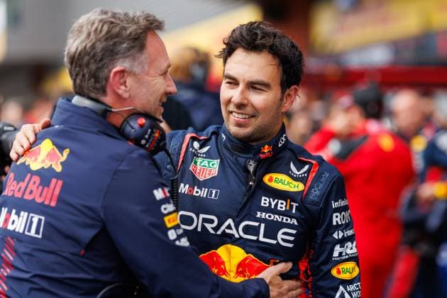 Christian Horner Team Principal Red Bull Racing congratulates Sergio Perez Red Bull Racing on second place, Belgian Grand Prix, motorsport, Formula 1, 2023 season, 30 07 2023 Belgian Grand Prix, motorsport, Formula 1, 2023 season, 30 07 2023 Spa Franchorchamps Copyright: xEibner-Pressefoto AlexanderxNeisx EP_ANS