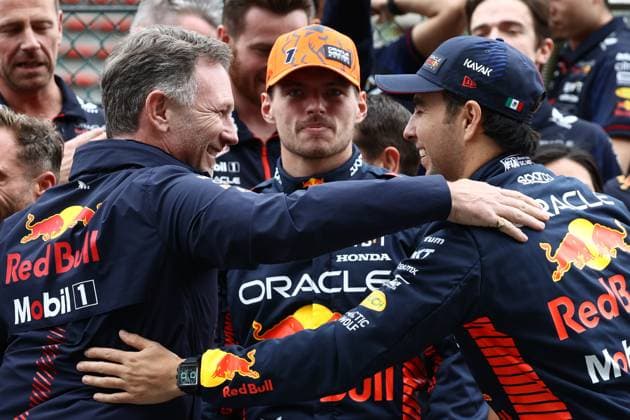 F1 Belgian Grand Prix 2023 Christian Horner, Max Verstappen and Sergio Perez of Red Bull Racing after the Formula 1 Belgian Grand Prix at Spa-Francorchamps in Spa, Belgium on July 30, 2023. Spa Belgium  Copyright: xJakubxPorzyckix originalFilename:porzycki-f1belgia230730_npWqZ.jpg