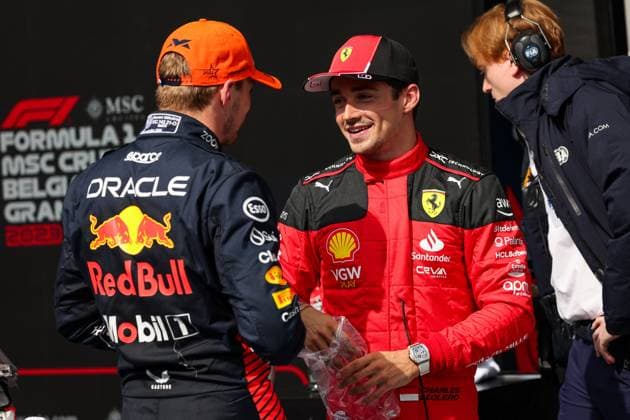 LECLERC Charles (mco), Scuderia Ferrari SF-23, VERSTAPPEN Max (ned), Red Bull Racing RB19, portrait during the 2023 Formula 1 MSC Cruises Belgian Grand Prix, 12th round of the 2023 Formula One World Championship, WM, Weltmeisterschaft from July 28 to 30, 2023 on the Circuit de Spa-Francorchamps, in Stavelot, Belgium - F1 - BELGIAN GRAND PRIX 2023 - RACE DPPI Panoramic 00123028_GOOD8069