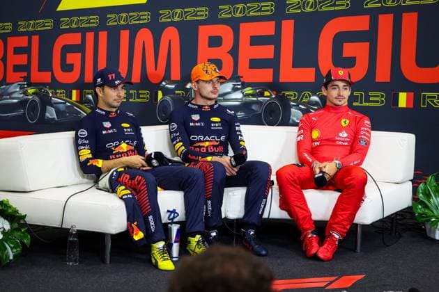 press conference, PK, Pressekonferenz PEREZ Sergio (mex), Red Bull Racing RB19, VERSTAPPEN Max (ned), Red Bull Racing RB19, LECLERC Charles (mco), Scuderia Ferrari SF-23, portrait, during the 2023 Formula 1 MSC Cruises Belgian Grand Prix, 12th round of the 2023 Formula One World Championship, WM, Weltmeisterschaft from July 28 to 30, 2023 on the Circuit de Spa-Francorchamps, in Stavelot, Belgium - F1 - BELGIAN GRAND PRIX 2023 - RACE DPPI Panoramic 00123028_GOOD8294