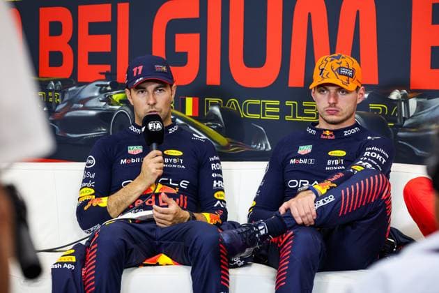 PEREZ Sergio (mex), Red Bull Racing RB19, VERSTAPPEN Max (ned), Red Bull Racing RB19, portrait during the 2023 Formula 1 MSC Cruises Belgian Grand Prix, 12th round of the 2023 Formula One World Championship, WM, Weltmeisterschaft from July 28 to 30, 2023 on the Circuit de Spa-Francorchamps, in Stavelot, Belgium - F1 - BELGIAN GRAND PRIX 2023 - RACE DPPI Panoramic 00123028_GOOD8377